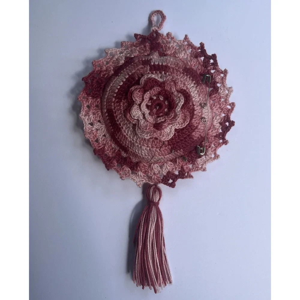 VTG Handmade Crochet Hanging Pin Cushion 3D Floral Ombre Pink Wall Decor Tassel